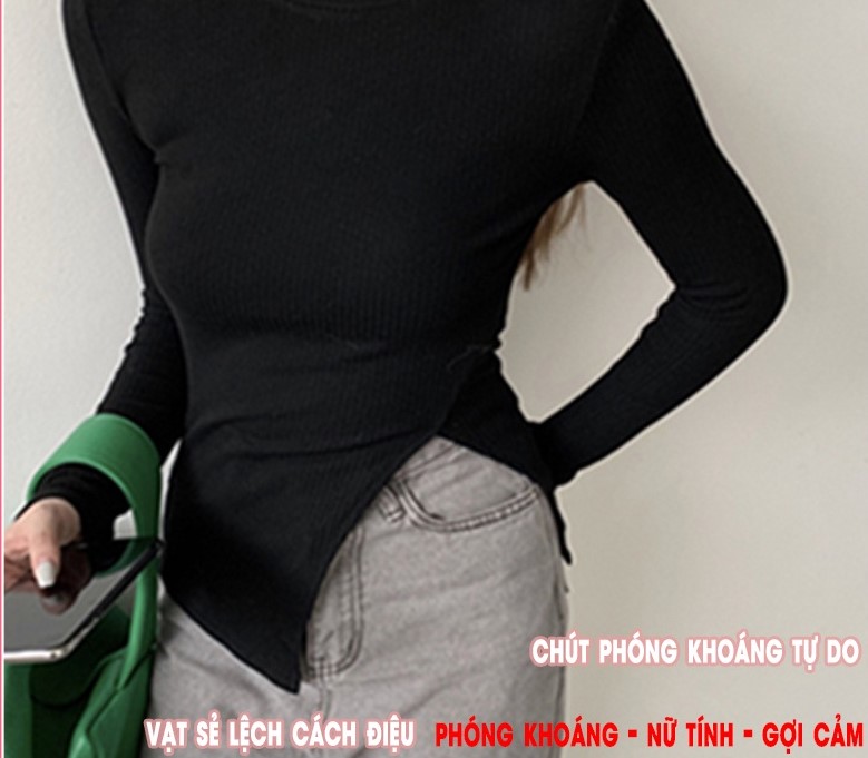 Áo thun croptop nữ tay dài sẻ gấu, ao crt ôm body phong cách Hàn Quốc chất cotton lụa màu đen trắng dưới 52 kg DEN K357