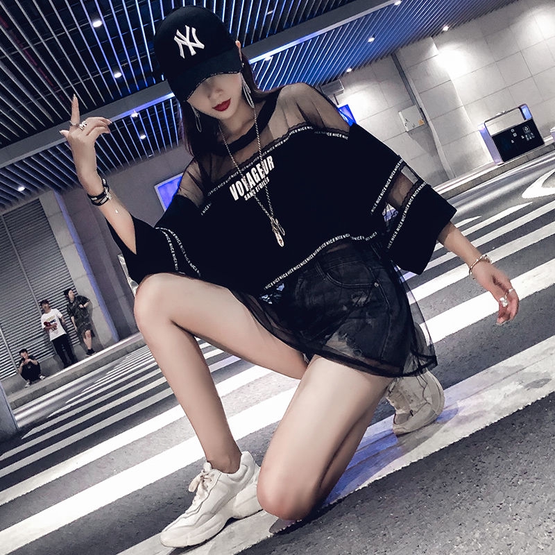 Áo hip hop phối lưới nữ phong cách Sexy hip hop thời trang Geur phong cách Đen K379 