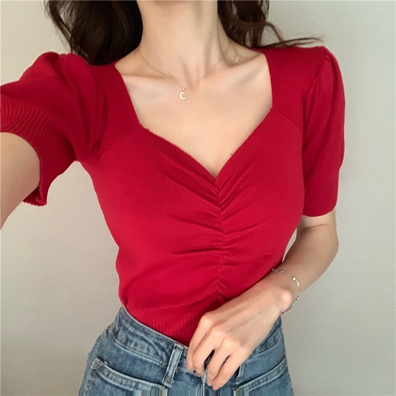 Áo kiểu nữ dệt kim sang chảnh màu đỏ K177