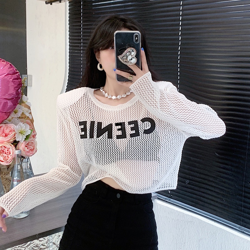 Áo Sweater Dệt Kim Mỏng Tay Dài Trong Suốt In Chữ Đơn Giản Quyến Rũ Cho Nữ Trắng K339